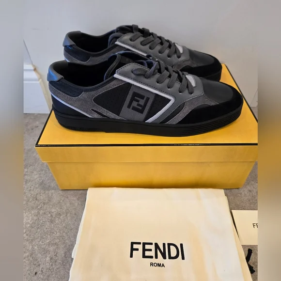 $990 Fendi Step FF Logo Embr Leather Sneakers Black & Gray EU 43 UK 9 US 10 BNIB